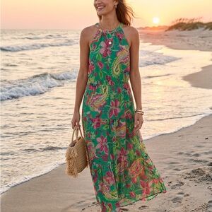 Women’s Green Floral Paisley Halter Maxi Dress